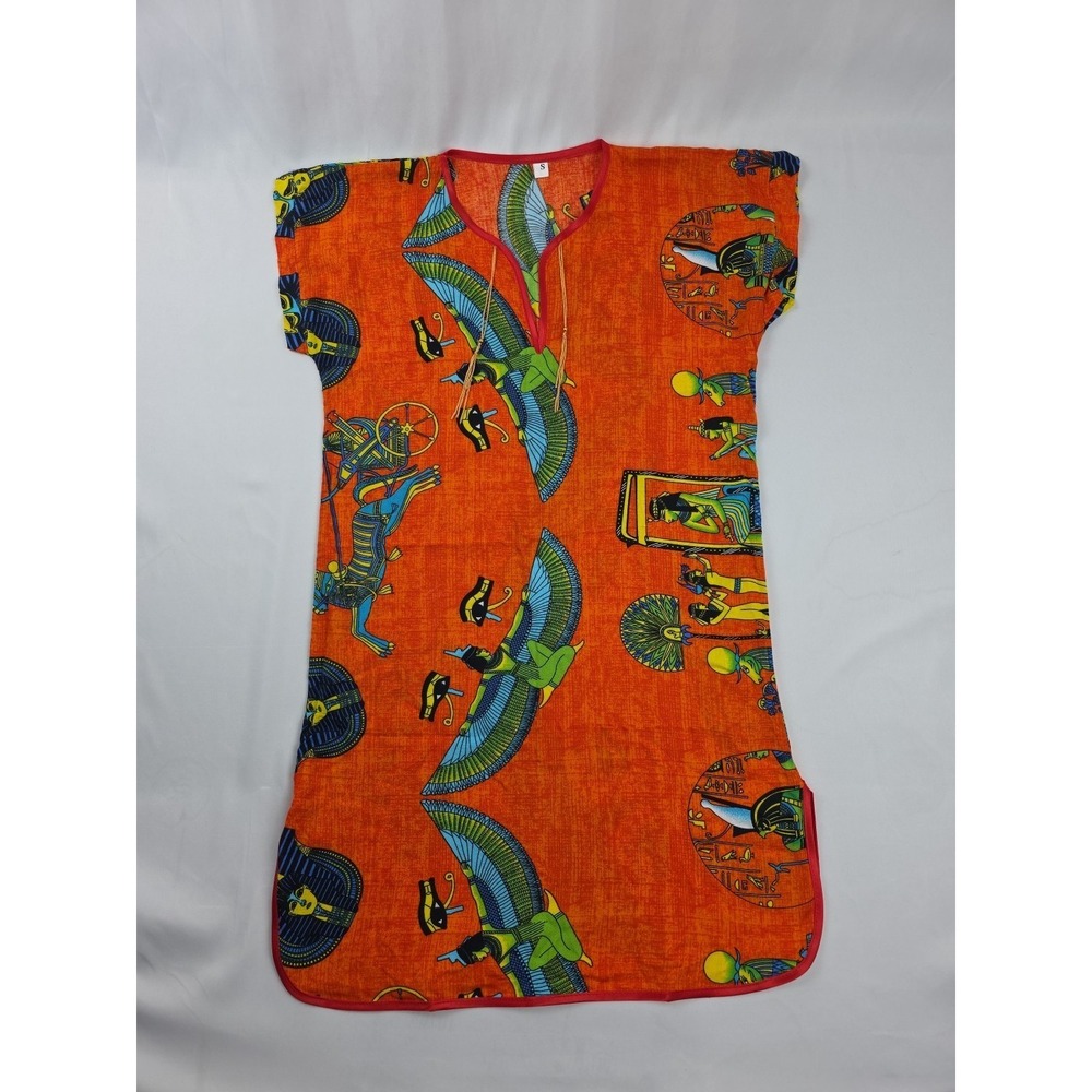 Kaftan Beachwear Cover Up in Bright Orange Egyptian Print Small 18Wx33L Flat